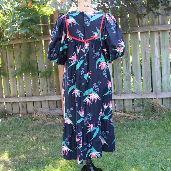 Vtg Made in Hawaii Black Multi Floral MuuMuu Ruffle Hem Midi Dress Women's L/XL - Picture 3 of 7